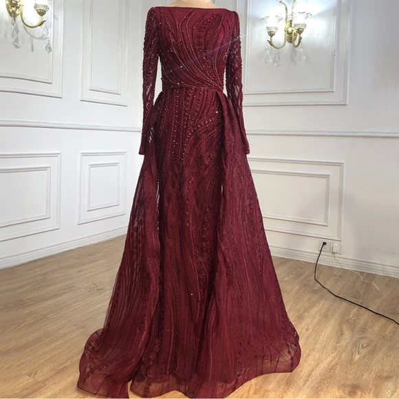 Modest Burgundy Gown with Overskirt - Picture 5 of 6